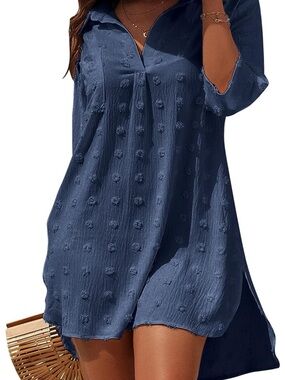 Textured Navy Popcorn Dot Blouse with V-Neck Collar